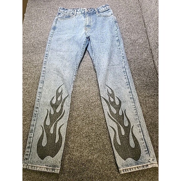 Adika Jeans Womens Size 4 Small 28x28 Straight Leg Flame Graphic Faded Denim - Picture 1 of 6